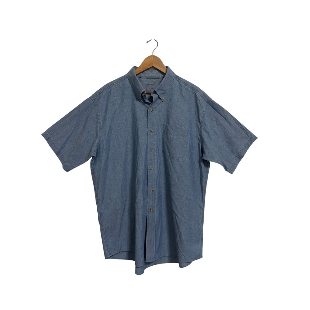 LL Bean Button Down Shirt Mens XL‎ Blue Short Sleeve Chambray Cotton 248933